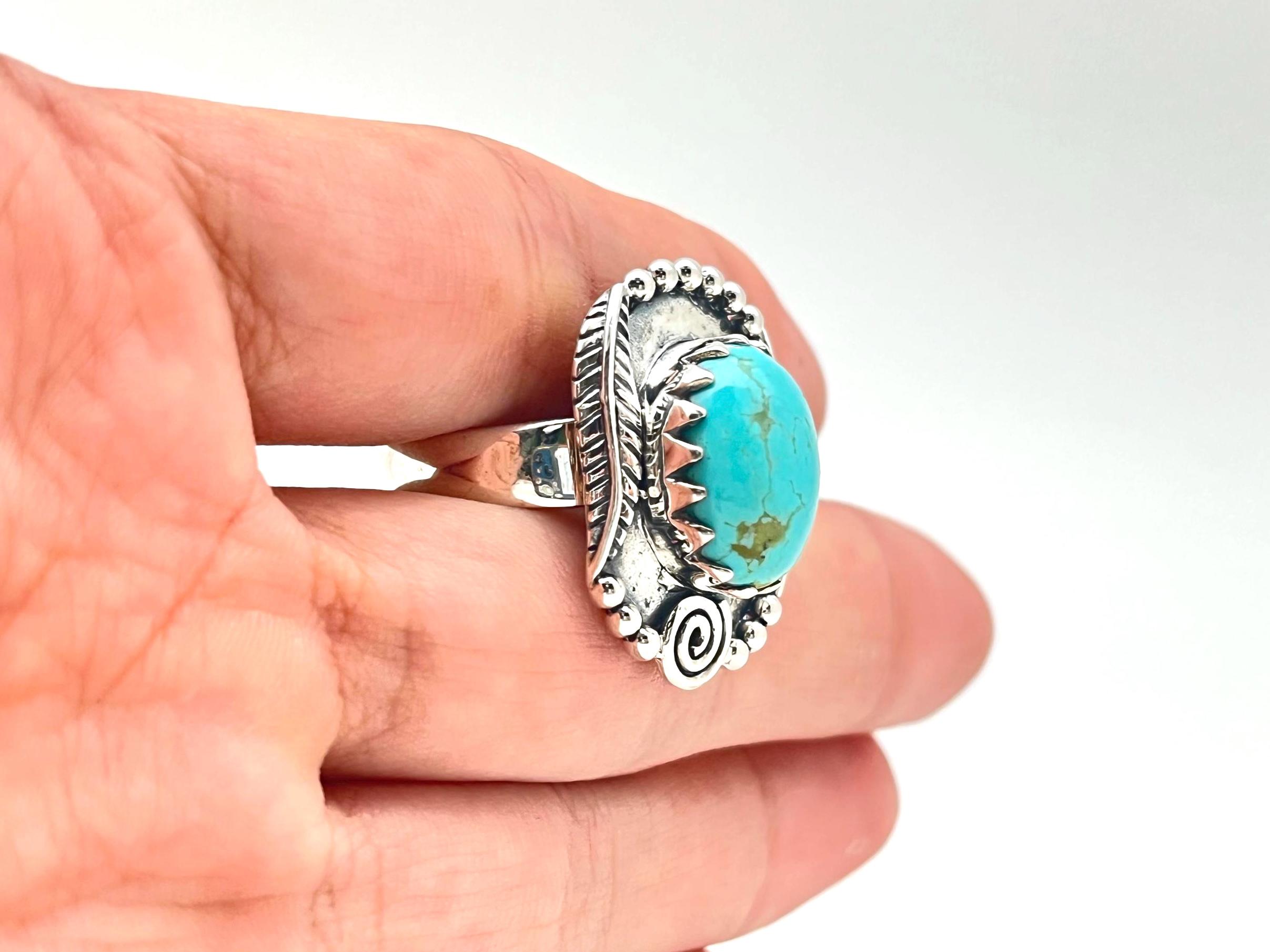 Vintage Style Leaf Ring With Created Green Turquoise - 925 Sterling Silver Oxidized Finish - View #10