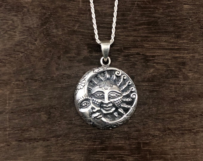 Silver Sun and Moon Pendant - 925 Sterling Silver - Celestial Pendant ...