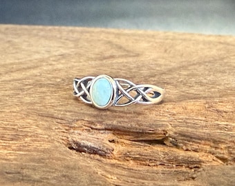 Celtic Ring with Larimar: 925 Sterling Silver, Triquetra Design, Sizes 5 to 10