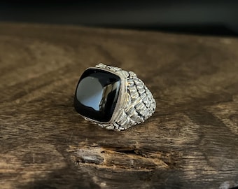 Handmade Black Onyx Sterling Silver Raptor Ring - Size 11