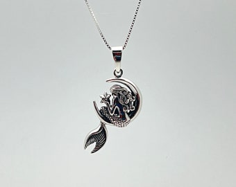 Mermaid with Moon and Star Pendant - 925 Sterling Silver - Handmade - Oxidized