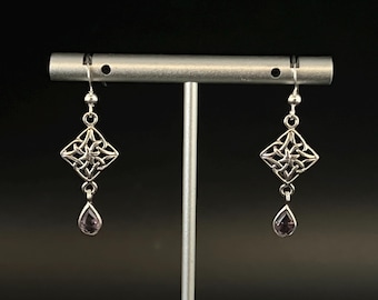 Celtic Design Amethyst Earrings - 925 Sterling Silver -- Handmade