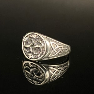Könnte beinhalten: Silberner Siegelring mit detailliertem Design. Der Ring hat ein kreisförmiges Emblem mit verschlungenen Schlangen und keltischen Knotenmustern auf dem Band. Der Ring wird auf einer reflektierenden schwarzen Oberfläche präsentiert.