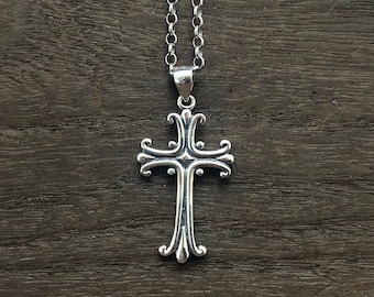 Ornate Cross Pendant - Silver Cross - 925 Sterling Silver - Hand Cast -- Religious Jewelry