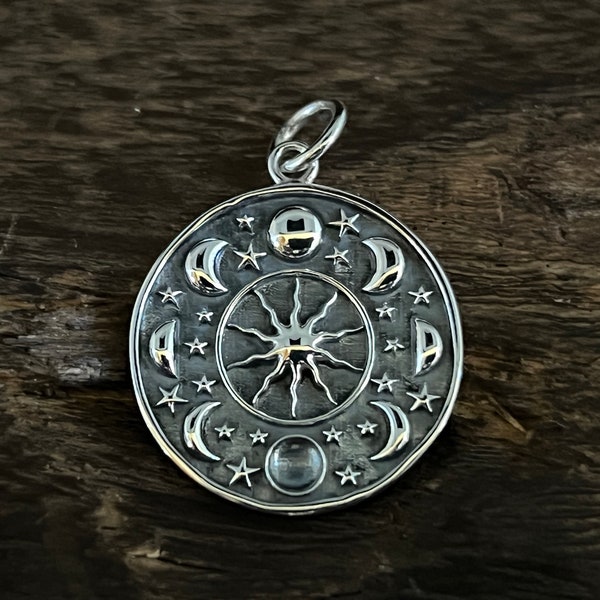 thumbnail image 2 of 925 Sterling Silver Moon Phases Circle Necklace - Celestial Night Sky Pendant, Etched, Lobster Clasp, Unbranded 2 of 5