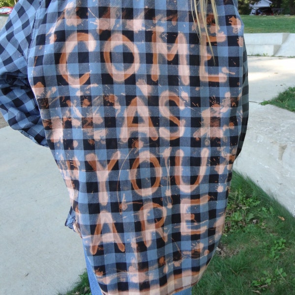 Come As You Are - Nirvana quote bleached on blue plaid shirt