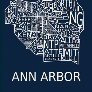 Ann Arbor, Michigan tipografía barrio mapa imprimir
