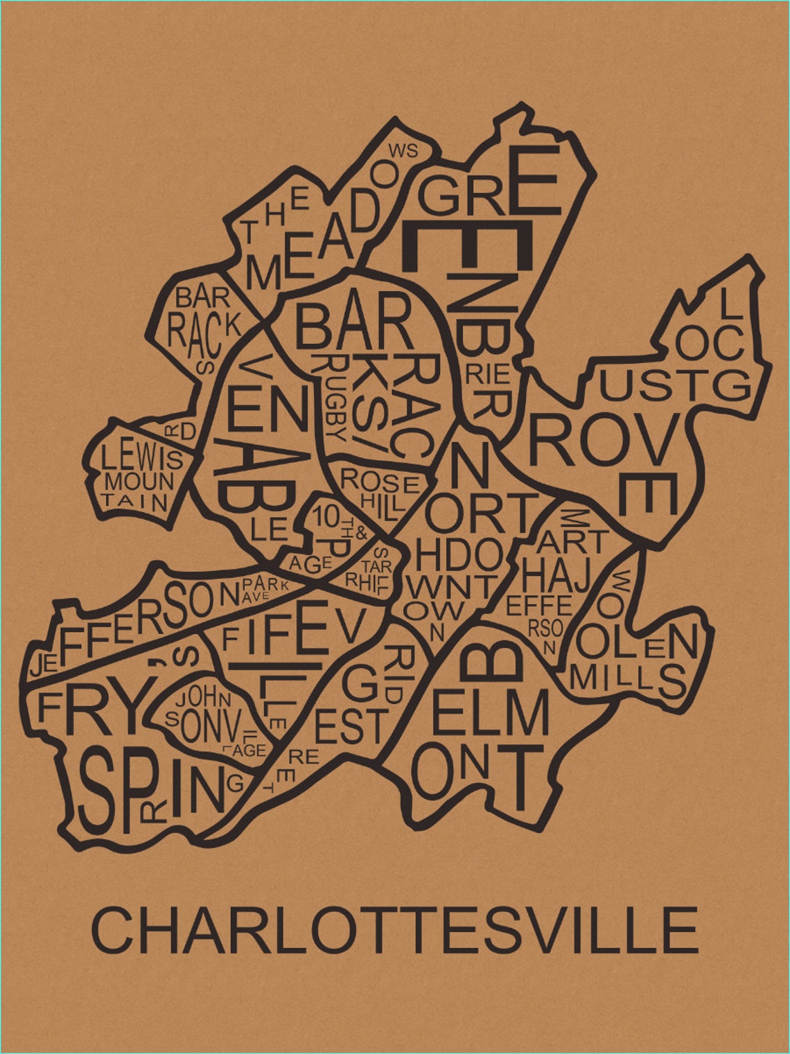 Charlottesville, Virginia Typography Neighborhood Map Print Etsy