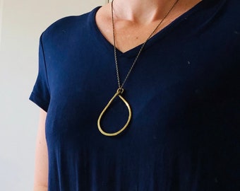 Large Oval Brass Pendant / Brass Necklace / Copper Chain / Round Brass Wire /Simple / Casual Chic /  Gift For Her