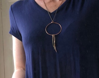 Large Round Pendant with 3 Long Drops - Copper and Brass / Necklace / Casual Chic