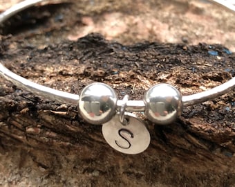 Solid Silver Bangle With Round Charm And 2 Large Beads  / Hallmarked /925 Sterling Silver / Hammered / Special Gift / Birthday / Anniversary