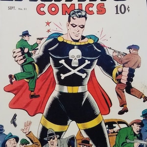 May include: A vintage comic book cover featuring a superhero in a black costume with a skull and crossbones emblem. The cover is titled "Exciting Comics" and features the text "Featuring The Black Terror, Nemesis of Crime".