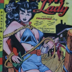 May include: A wooden box featuring a comic book cover of "Phantom Lady." The cover art depicts a woman in a blue outfit tied with rope, with the title in large red letters. The box has a wooden frame.