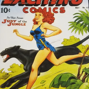 May include: A vintage comic book cover featuring a woman in a blue swimsuit riding a black panther. The cover is titled "Exciting Comics" and features the text "Featuring The Black Terror, Nemesis of Crime" and "In This Issue: Judy of the Jungle".