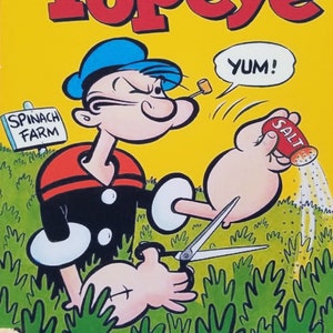 Odnowione pudełko na cygara, udekorowane wewnątrz i na zewnątrz wyjątkowym wzorem z lat 50. XX wieku z motywem Popeye'a, wykorzystującym zdjęcia komiksów z złotej ery Popeye'a!