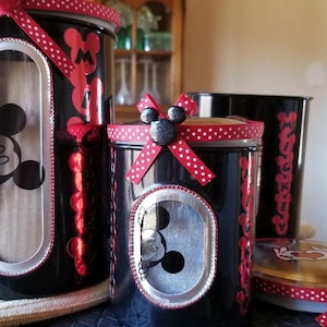 3 piece bling black canisters peeking much loved mouse with rhinestones and ribbon