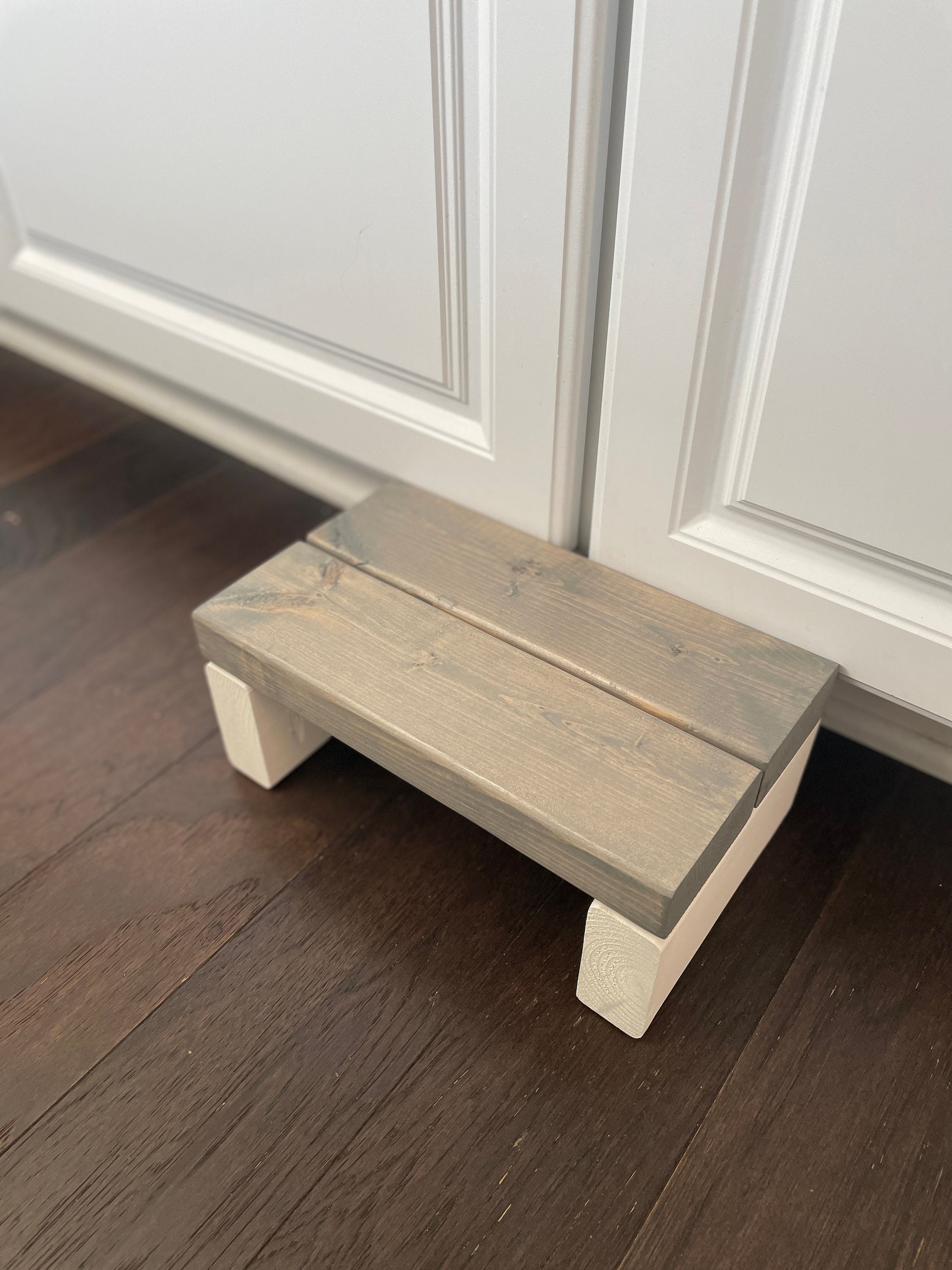 Handmade Small Wooden Step Stool: Weathered Gray & White - Thumbnail 5
