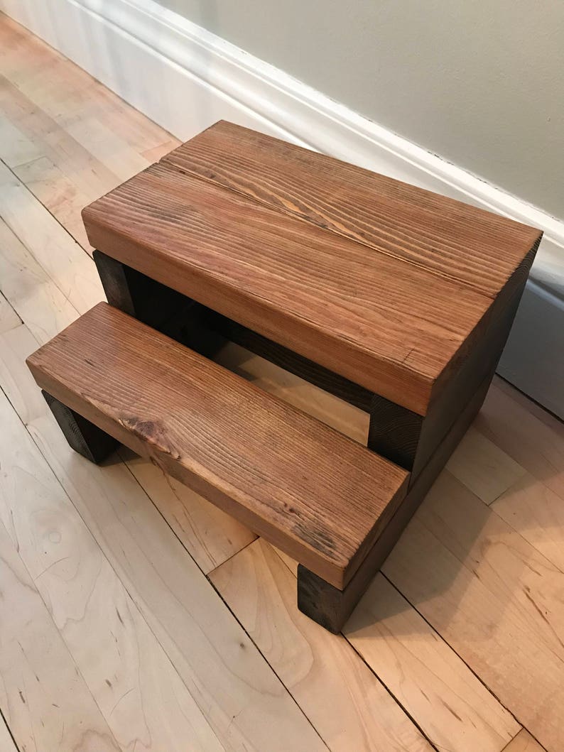 Wooden step stool, special walnut stained steps with black painted supports, personalized name hand painted on step, step stool in a kitchen, step stool against cabinet, kids step stool, adult weight