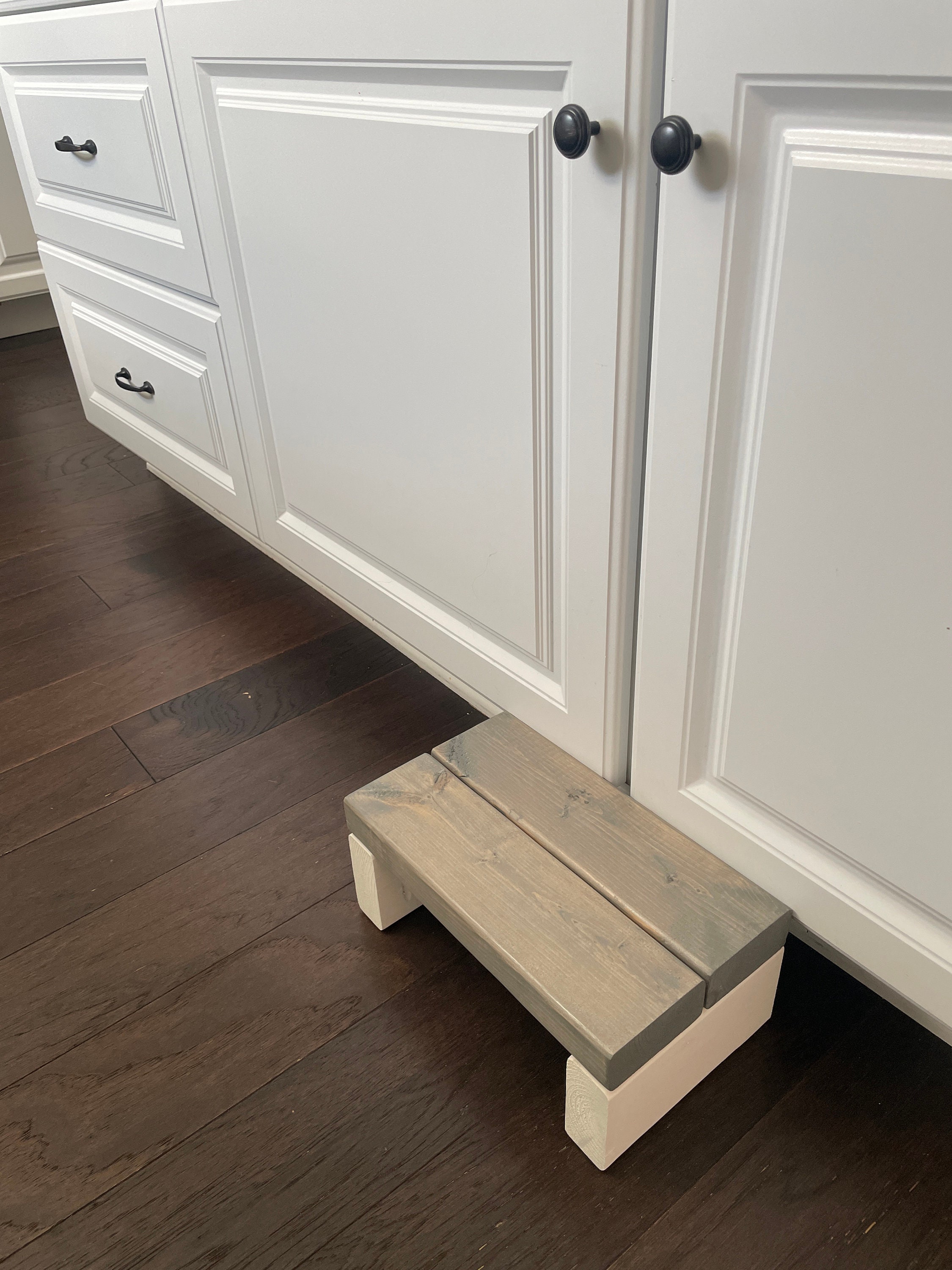 Handmade Small Wooden Step Stool: Weathered Gray & White