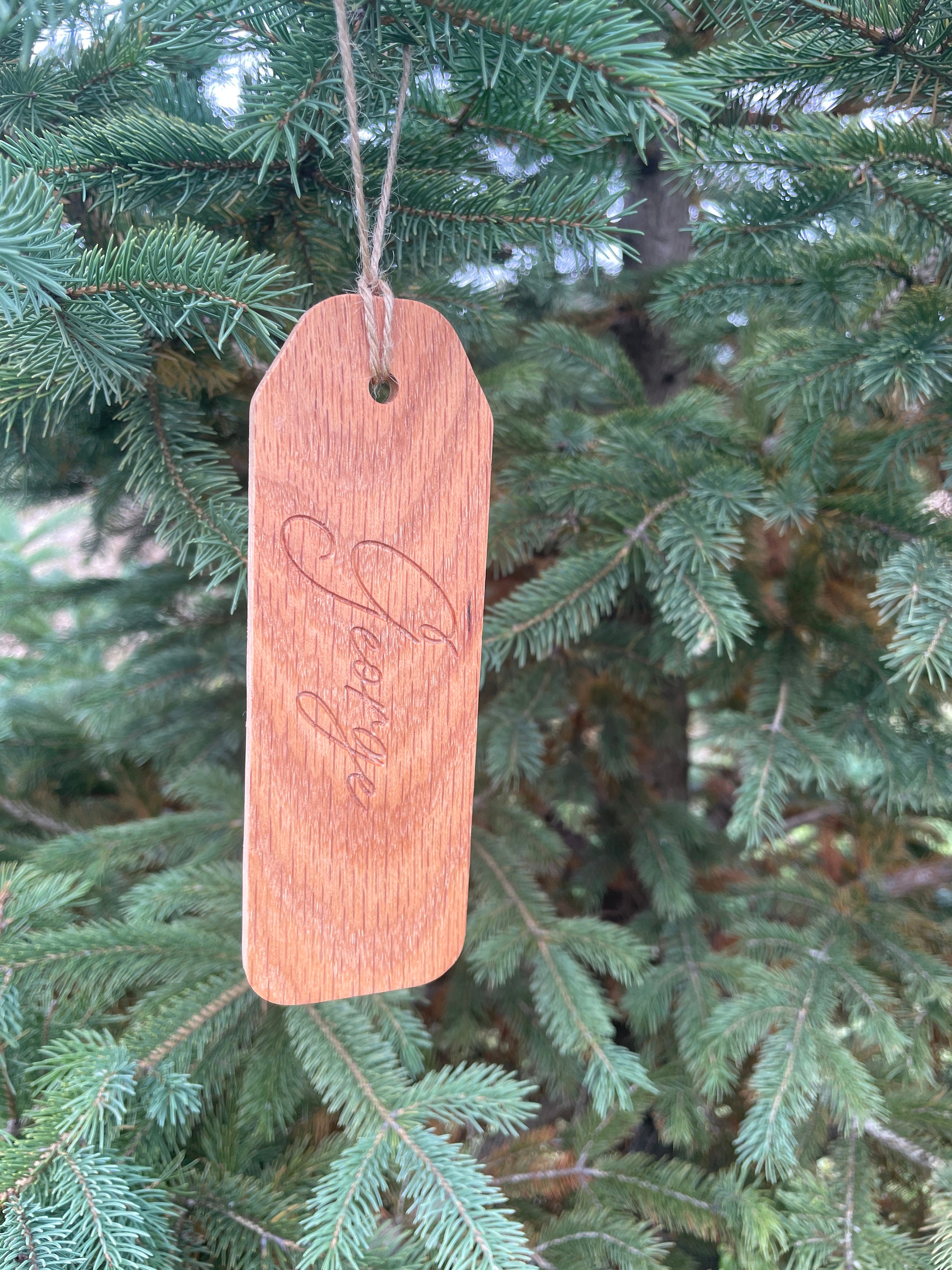 Engraved Wood Gift Tag: Personalized Red Oak Stocking Tag - Thumbnail 7
