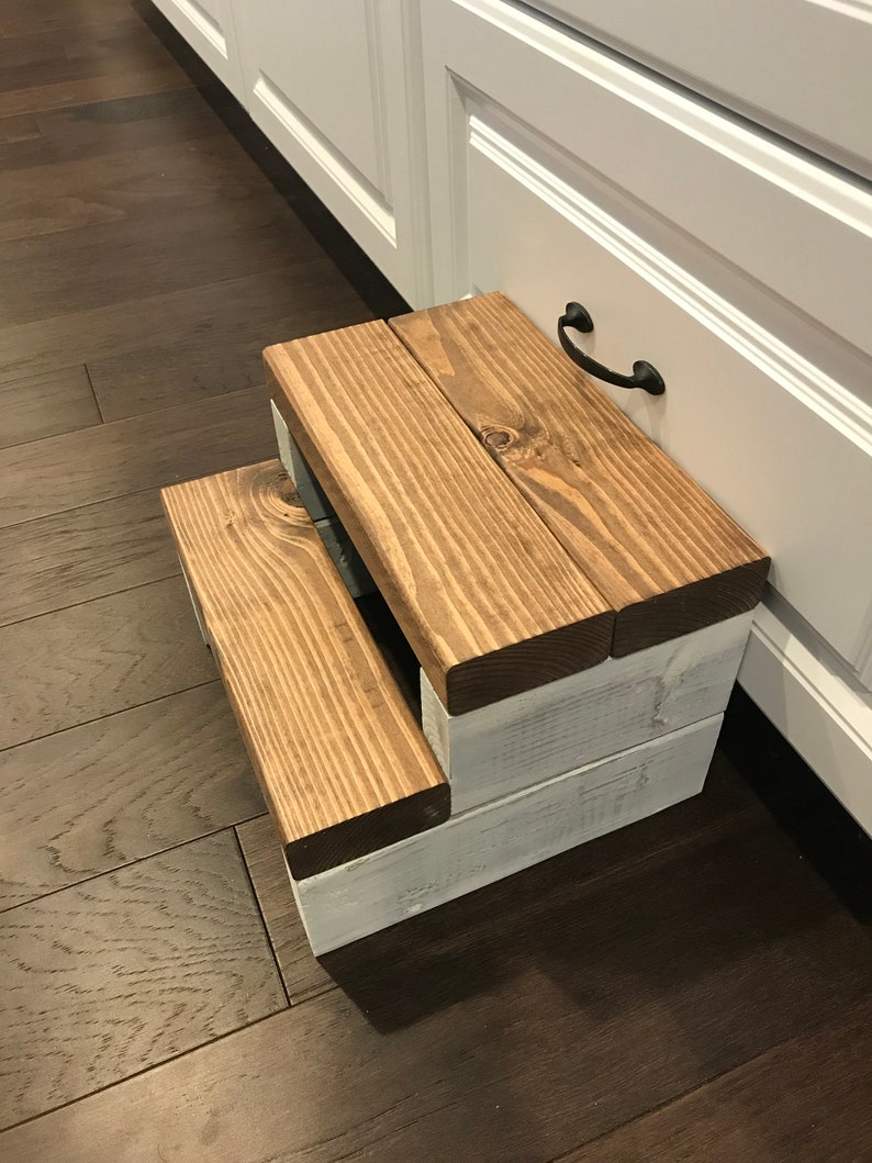 Wooden step stool, special walnut stained steps with rustic white painted supports, personalized name hand painted on step, step stool in a kitchen, step stool against cabinet, kids step stool, adult weight