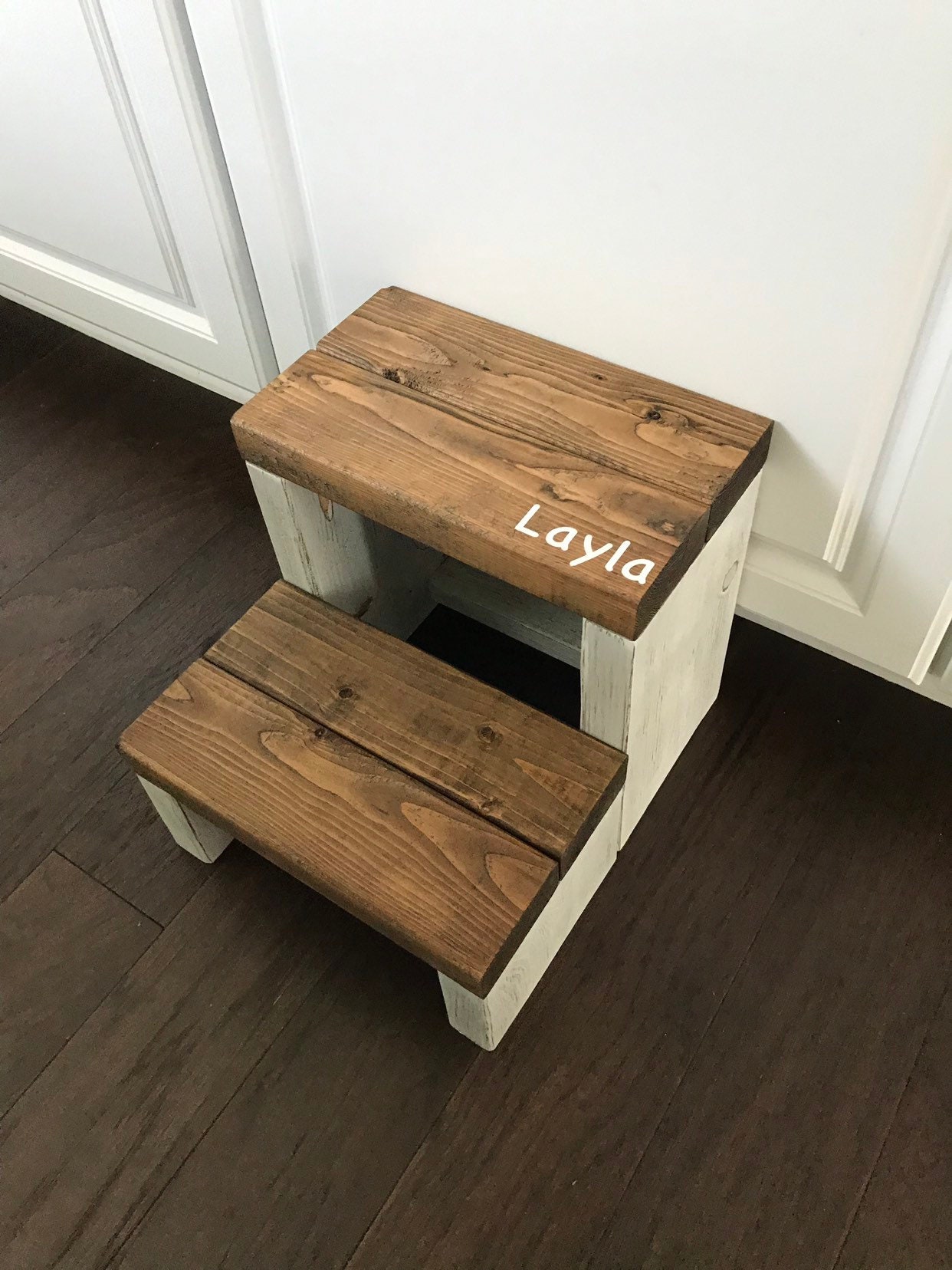 Personalized Wooden Step Stool, Rustic Toddler Tower - Thumbnail 2