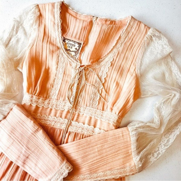 Gunne Sax By Jessica McClintock Vintage Pink Peach Zip Sleeve Prairie Dress