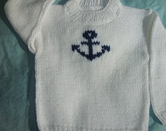 Handmade knit white Toddler Sweater with Navy Sailor Anchor - Nautical Toddler Sweater with Navy Anchor - Sailor Sweater - size 2 - 2.5 year