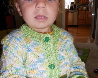 Handmade knit Baby Cardigan Sweater in Green/Blue/Yellow/White with Green Turtle Buttons for 18 - 24 M