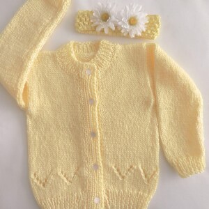 Handmade knit Yellow Baby Sweater Cardigan with Van Dike Pattern and Yellow Headband with Daises - 6-12M