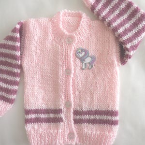 Handmade knit Pink Baby Cardigan Sweater with Unicorn applique - Pink Baby Cardigan Sweater with Unicorn applique 6-12M