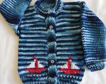 Handmade knit Blue Toddler Cardigan Sweater with Sailboats - Blue Nautical Toddler Sweater Cardigan with Sailboats for 2.5 - 3 Years