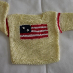 Handmade knit Yellow Baby Sweater with the American Flag - Patriotic sweater in yellow 9 - 18M