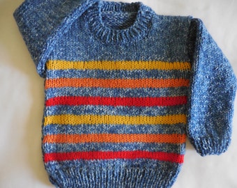 Handmade knit Blue Toddler Sweater with Colorful Stripes - Blue jeans Toddler Sweater 2 - 2.5 year