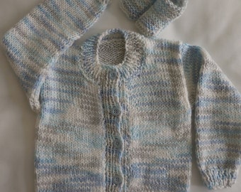 Handmade knit Baby Cardigan Sweater and Booties set in blue variegated shades 6 - 15 M