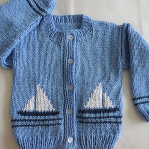 Handmade knit Blue Toddler Cardigan Sweater with Sailboats - Blue Nautical Toddler Sweater Cardigan with Sailboats for 3.5 - 4 Years