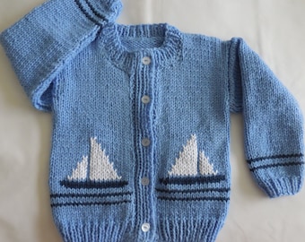 Handmade knit Blue Toddler Cardigan Sweater with Sailboats - Blue Nautical Toddler Sweater Cardigan with Sailboats for 3.5 - 4 Years