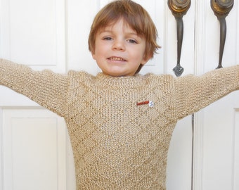Handmade Boys Sweater in Beige with Diamonds pattern - Toddler Beige Sweater with Baseball Bat and Ball - Toddler Sweater -  3.5 - 4 years