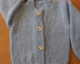 Handmade knit Light Blue Baby Sweater Cardigan with Lamb Buttons - Light Blue Baby Boy Cardigan - 9-15M