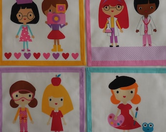 Cloth Fabric Girls Napkins - Girls Handkerchiefs Lunchbox Kids Napkins - Lunchbox Napkins - Handkerchiefs for Girls - set 0f 4  9.5 x 9.5