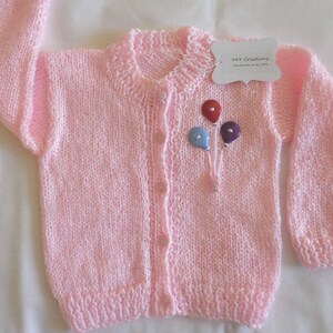 Handmade knit Pink Baby Sweater Cardigan with Bunny and three Balloons and Pink Headband with Bow with Watermelon 6-12M