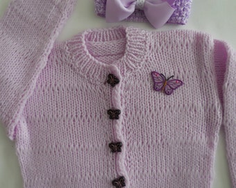 Handmade knit Baby Girl Lilac Cardigan Sweater with Butterfly Applique and Butterfly Buttons and Lilac Headband with Bow for 12 - 18 M