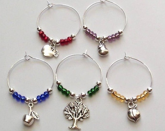 Tree Fruit Wine Charm Set, Fruit Wine Glass Markers, Gardener's gift, Wine Gift