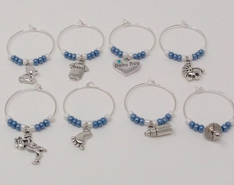Baby Shower Wine Charms, Baby Boy Shower Gift, Baby Boy Shower Favor, Wine Glass Markers, Gender Reveal favors
