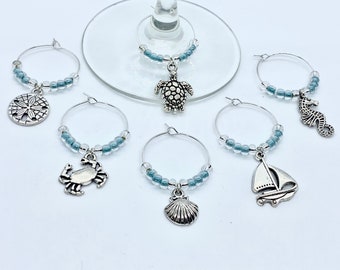 6 Beach Themed Wine Charms | Beach Themed Hostess Gift | Beach Themed Wine Glass Markers