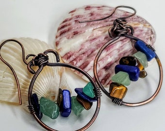 Round antique copper earrings with a row of semi-precious stone chip beads across the center green aventurine, tiger eye, lapis lazuli