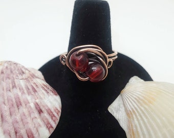 Antique finished copper wire wrapped ring with glass beads stackable or single ring