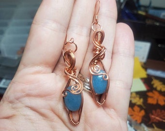 Copper wrapped aquamarine quartz cabochon earrings and matching pendant