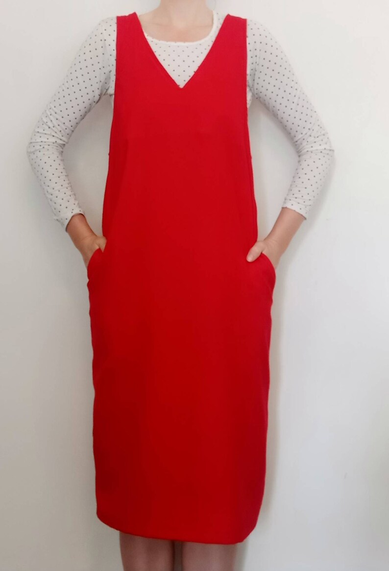 Red pinafore jumper dress with pockets Etsy