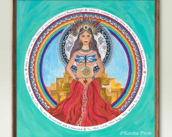 Ixchel, canvas print 30x30 cm (12"x12"), Goddess mandala art, rainbow, Mayan Goddess, feminine art, womb art, moon, shamanic, gift for woman